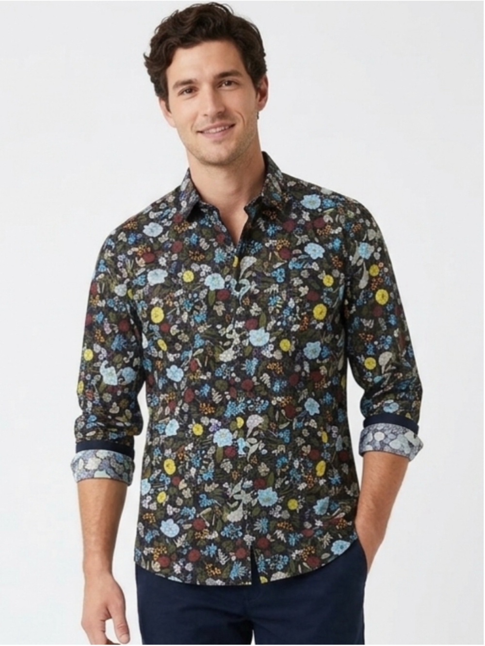 H&M Men's Slim Fit Floral Button Down Shirt Black Size XL - 921